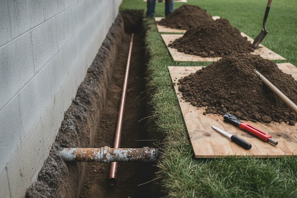 Excavated water line trench during Water Softener Installation in Martindale
